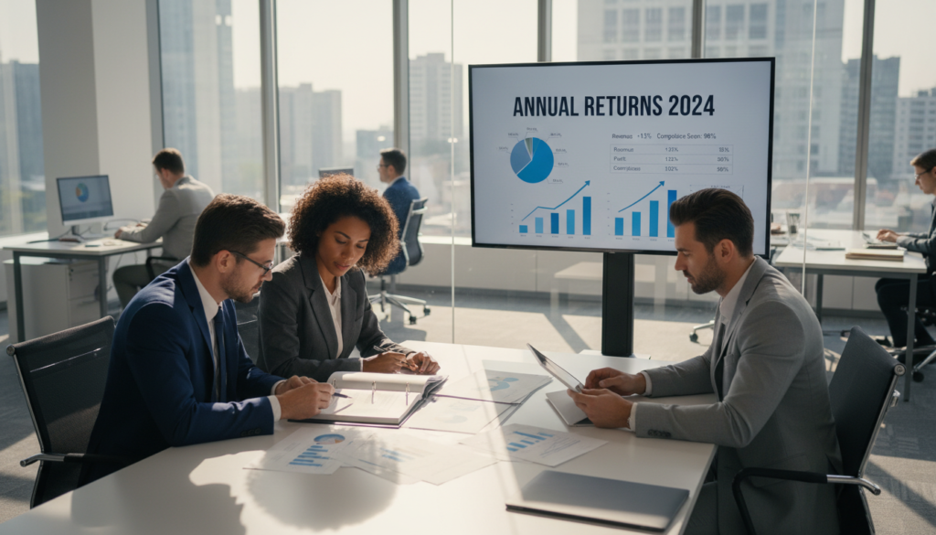 A photorealistic depiction of a business office scene illustrating "annual returns." In the foreground, a diverse group of three professional individuals, dressed in business attire, are intently reviewing financial graphs and documents on a sleek conference table. The middle ground features a large digital screen displaying clear charts and figures related to annual returns. The background showcases a modern office with expansive windows letting in natural light, casting soft shadows across the room. The atmosphere is focused and serious, reflecting the weight of compliance and responsibilities of directors. The lighting is bright yet warm, highlighting the key elements of financial accountability and professionalism. Capture this scene from a slightly elevated angle to provide an overview of the interactions and the workspace.