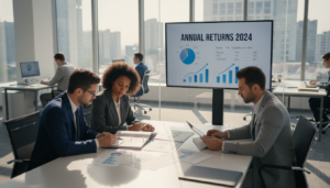 A photorealistic depiction of a business office scene illustrating "annual returns." In the foreground, a diverse group of three professional individuals, dressed in business attire, are intently reviewing financial graphs and documents on a sleek conference table. The middle ground features a large digital screen displaying clear charts and figures related to annual returns. The background showcases a modern office with expansive windows letting in natural light, casting soft shadows across the room. The atmosphere is focused and serious, reflecting the weight of compliance and responsibilities of directors. The lighting is bright yet warm, highlighting the key elements of financial accountability and professionalism. Capture this scene from a slightly elevated angle to provide an overview of the interactions and the workspace.