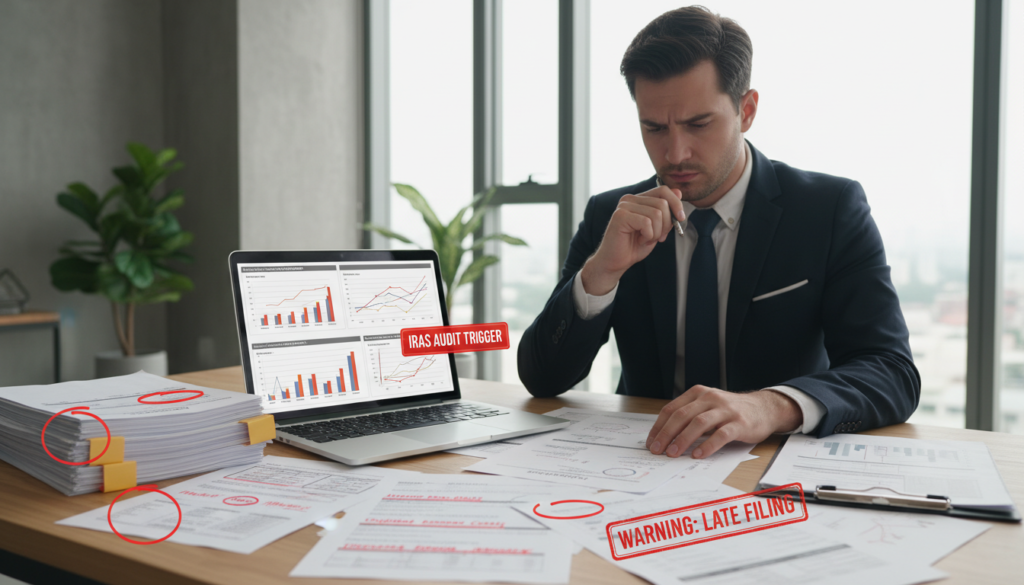 A photorealistic depiction of a cluttered office desk representing common IRAS red flags that can trigger a tax audit in Singapore. In the foreground, there are prominently displayed various red flags, such as paperwork with bold red highlights, warning signs, and tax forms with glaring inconsistencies. The middle layer includes a laptop screen showing graphs and financial data with discrepancies. The background features a modern office setting with neutral color tones, soft, diffused lighting creating a serious yet focused atmosphere. A professional in business attire is sitting in front of the desk, looking intently at the documents, deep in thought. The image should capture the urgency and importance of compliance in a corporate environment.