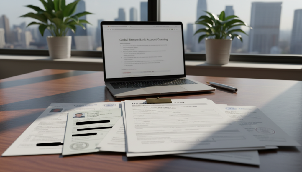 A photorealistic depiction of a collection of important documents spread out on a sleek wooden desk. In the foreground, focus on a well-organized stack of forms, including bank applications, identification documents, and business incorporation papers, all neatly presented with a professional elegance. In the middle ground, a stylish pen and an open laptop can be seen, displaying a webpage on remote bank account openings. The background features a soft-focus view of potted plants and a cityscape visible through a large window, bathed in warm, natural light that creates an inviting atmosphere. The overall mood conveys professionalism and clarity, suitable for business purposes. Ensure no people are included in the image.