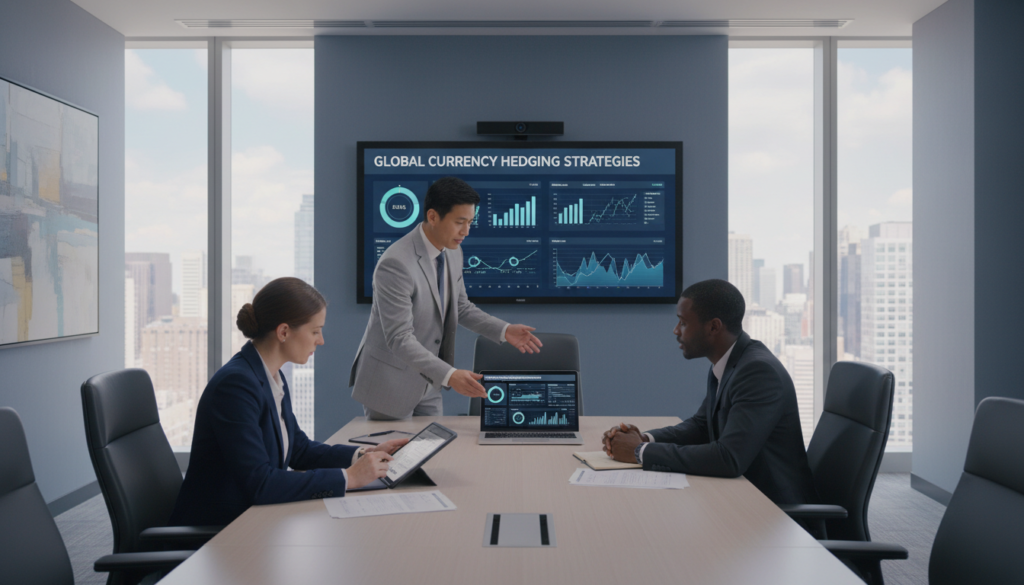 A photorealistic depiction of a corporate boardroom meeting focused on hedging strategies for foreign currency controls. In the foreground, a diverse group of three professionals, two men and one woman, dressed in smart business attire, gather around a sleek conference table with financial documents and a laptop open, displaying fluctuating currency graphs. The middle layer features a large digital screen on the wall showcasing visual data analytics related to hedging strategies, with charts and statistics prominently displayed. The background transitions to large windows letting in soft natural light, enhancing the serious yet optimistic atmosphere of the corporate environment. The overall mood is professional and collaborative, emphasizing strategic decision-making in finance.