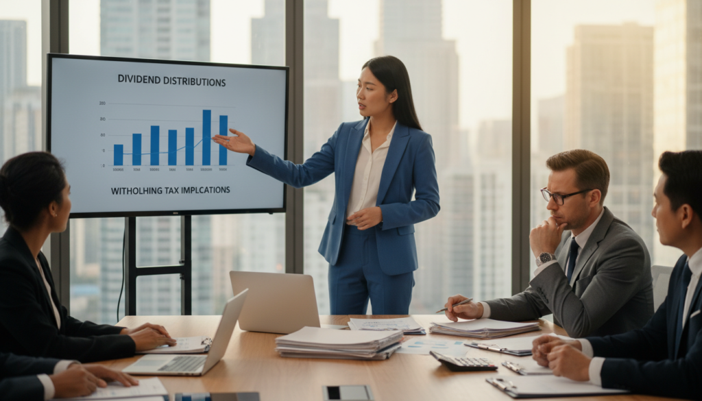 A photorealistic depiction of a corporate meeting room, focusing on a diverse group of professionals in business attire engaged in a discussion about withholding tax implications. In the foreground, a well-dressed Asian female financial analyst gestures towards a chart on a sleek digital display, highlighting dividend figures. Beside her, a Caucasian male accountant analyzes paperwork, frowning in concentration. The middle layer features a large conference table with laptops, financial reports, and calculators scattered around. In the background, tall windows reveal a city skyline, bathed in warm, soft lighting that creates an inviting yet serious atmosphere. The overall mood conveys professionalism and collaboration, emphasizing the importance of understanding tax implications in business operations. A photorealistic depiction of a corporate meeting room, focusing on a diverse group of professionals in business attire engaged in a discussion about withholding tax implications. In the foreground, a well-dressed Asian female financial analyst gestures towards a chart on a sleek digital display, highlighting dividend figures. Beside her, a Caucasian male accountant analyzes paperwork, frowning in concentration. The middle layer features a large conference table with laptops, financial reports, and calculators scattered around. In the background, tall windows reveal a city skyline, bathed in warm, soft lighting that creates an inviting yet serious atmosphere. The overall mood conveys professionalism and collaboration, emphasizing the importance of understanding tax implications in business operations.