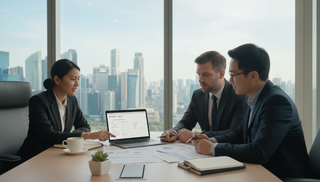 A photorealistic depiction of a corporate office scene focused on the requirements for the UBO (Ultimate Beneficial Owner) register for Singapore companies. In the foreground, a diverse group of three professionals dressed in formal business attire are studying documents and a laptop displaying a digital interface related to UBO compliance. In the middle, a sleek, modern conference table cluttered with reports, a coffee mug, and a plant adds to the professional ambiance. In the background, large windows reveal a panoramic view of Singapore's iconic skyline under bright daylight, enhancing the mood of ambition and professionalism. Soft, natural lighting floods the scene, highlighting the serious yet collaborative atmosphere of a successful team discussing regulatory matters. The angle is slightly elevated to capture the details of both the individuals and their surroundings.