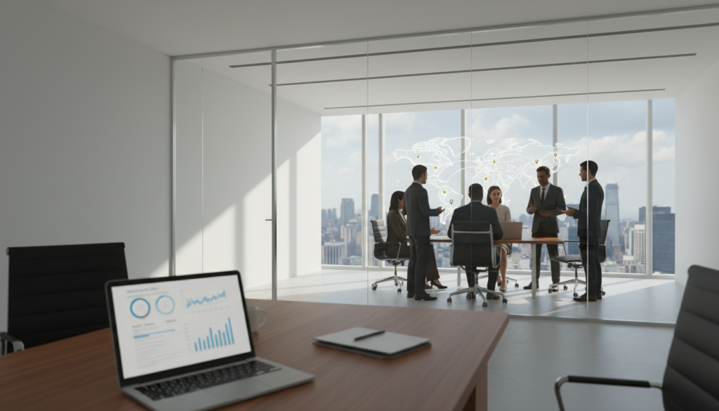 A photorealistic depiction of a corporate office space symbolizing the concept of "permanent establishment." In the foreground, include a sleek wooden desk with a laptop open to a tax document, indicated by subtle graphs and data points. A glass partition shows a second area with diverse professionals in business attire discussing strategies over a large map marked with international locations. The middle ground features a modern conference room with large windows that let in soft, natural light, casting shadows on the walls. In the background, a city skyline hints at a global business environment. Enhance the mood with a sense of collaboration and professionalism, using a slight tilt-shift lens effect to focus on the desk and the professionals engaged in conversation.