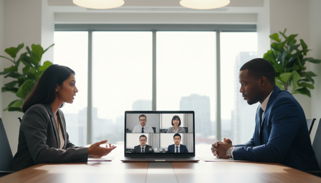 A photorealistic depiction of a diverse group of four professionals engaged in a remote board meeting via a modern video conferencing platform. In the foreground, two individuals are shown from the waist up, dressed in smart business attire, one gesturing thoughtfully while the other listens intently. In the middle, a large laptop displays multiple screens of other participants, showcasing a variety of ethnicities and genders, all professionally attired. The background reveals a sleek, minimalist office environment with plants, soft lighting, and a large window that allows natural light to pour in, creating a bright, inviting atmosphere. The angle captures the scene from a slightly elevated perspective, emphasizing collaboration and connectivity in a digital workspace, conveying a sense of focus and professionalism.
