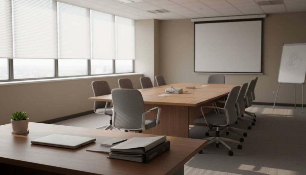A photorealistic depiction of a dormant company office space, symbolizing inactivity and stillness. In the foreground, a neatly organized desk with a closed laptop, stacked paperwork, and a potted plant, indicating neglect but also care. In the middle, an empty conference room with a large table surrounded by empty chairs, evoking a sense of pause in business activities. The background features large windows with blinds drawn, soft natural light filtering through, casting gentle shadows across the room. The overall atmosphere is serene and contemplative, reflecting a state of suspension, as if the company is quietly waiting for renewal. The scene captures a professional environment devoid of human presence, emphasizing the concept of dormancy. A photorealistic depiction of a dormant company office space, symbolizing inactivity and stillness. In the foreground, a neatly organized desk with a closed laptop, stacked paperwork, and a potted plant, indicating neglect but also care. In the middle, an empty conference room with a large table surrounded by empty chairs, evoking a sense of pause in business activities. The background features large windows with blinds drawn, soft natural light filtering through, casting gentle shadows across the room. The overall atmosphere is serene and contemplative, reflecting a state of suspension, as if the company is quietly waiting for renewal. The scene captures a professional environment devoid of human presence, emphasizing the concept of dormancy.