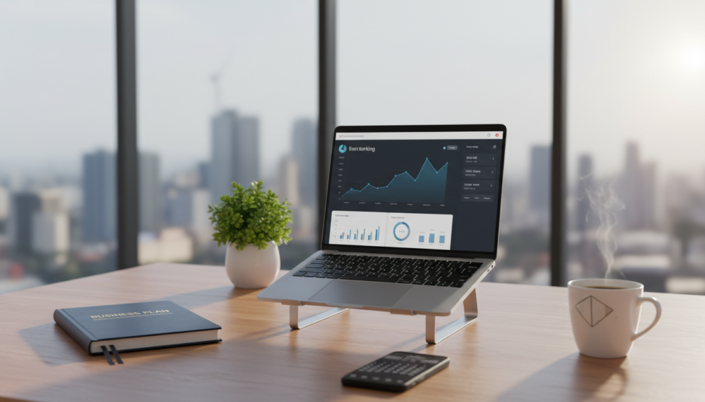A photorealistic depiction of a modern business account setup, featuring a sleek laptop open to a banking interface, displaying graphs and data analytics. In the foreground, a well-organized desk with a stylish notebook and a smartphone beside it, emphasizing professionalism. In the middle ground, a potted plant adds a touch of nature, while a pristine coffee cup complements the scene, suggesting a productive work atmosphere. The background showcases a softly lit office space with large windows, letting in natural light that illuminates the scene, creating an inviting and serene mood. The overall composition conveys a sense of efficiency and professionalism, ideal for remote business operations, with no human subjects involved.