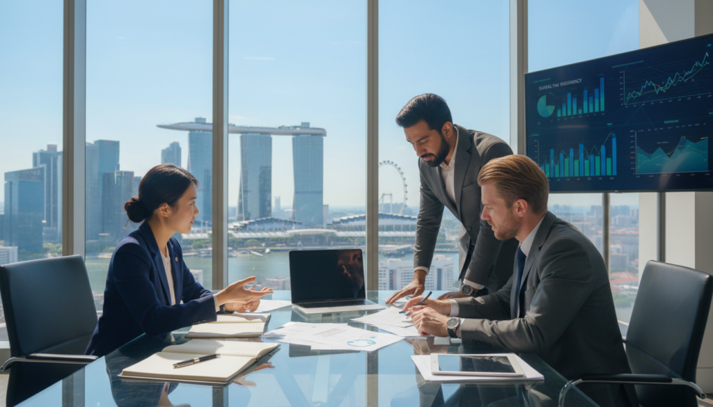 A photorealistic depiction of a modern office scene representing the concept of tax residency. In the foreground, a diverse group of three business professionals—one Asian, one Caucasian, and one Middle-Eastern—all dressed in smart business attire, are engaged in a discussion around a sleek conference table filled with documents and a laptop. The middle ground features a large window showing a panoramic view of Singapore's skyline, showcasing iconic buildings like Marina Bay Sands against a bright blue sky. In the background, subtle elements of charts and graphs on a wall-mounted screen highlight financial data, creating an atmosphere of professionalism and focus. Soft, natural lighting filters through the window, enhancing the warm and inviting mood of the workspace, emphasizing the importance of tax residency for foreign owners in Singapore. A photorealistic depiction of a modern office scene representing the concept of tax residency. In the foreground, a diverse group of three business professionals—one Asian, one Caucasian, and one Middle-Eastern—all dressed in smart business attire, are engaged in a discussion around a sleek conference table filled with documents and a laptop. The middle ground features a large window showing a panoramic view of Singapore's skyline, showcasing iconic buildings like Marina Bay Sands against a bright blue sky. In the background, subtle elements of charts and graphs on a wall-mounted screen highlight financial data, creating an atmosphere of professionalism and focus. Soft, natural lighting filters through the window, enhancing the warm and inviting mood of the workspace, emphasizing the importance of tax residency for foreign owners in Singapore.
