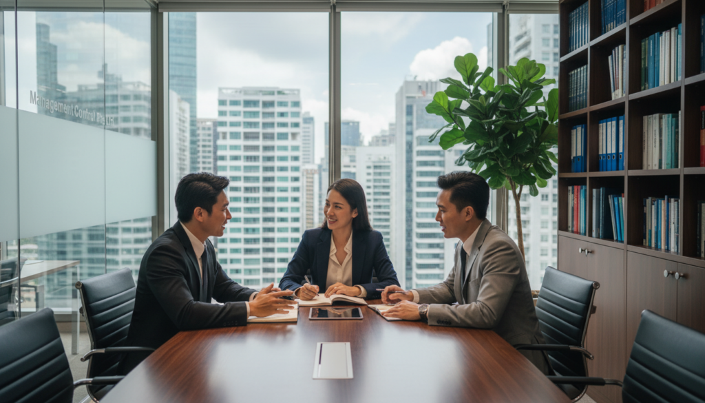 A photorealistic depiction of a modern office setting representing "Management Control Pte Ltd". In the foreground, a diverse group of three professionals—two men and one woman—are engaged in a discussion around a sleek conference table, their expressions conveying focus and collaboration. They are dressed in formal business attire, showcasing professionalism. In the middle ground, a large window allows soft, natural light to illuminate the room, reflecting a modern cityscape outside. The background features shelves with legal books and a plant, symbolizing organization and growth. The atmosphere is vibrant yet serious, emphasizing the themes of management and control within a corporate environment. The scene is captured with a shallow depth of field, drawing attention to the professionals while softly blurring the background elements.