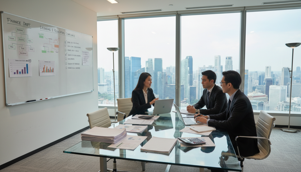 A photorealistic depiction of a modern office workspace focusing on accounting processes. In the foreground, a diverse group of three professionals in business attire—two women and one man—are engaged in a collaborative discussion around a sleek glass table, filled with financial documents, laptops, and calculators. The middle ground features a large whiteboard filled with charts and compliance checklists, illustrating finance and licensing tasks. In the background, tall windows let in natural light, showcasing a city skyline with high-rise buildings indicative of Singapore. The overall atmosphere is focused and organized, reflecting a professional approach to ongoing compliance in company operations, with soft, warm lighting to create an inviting environment.