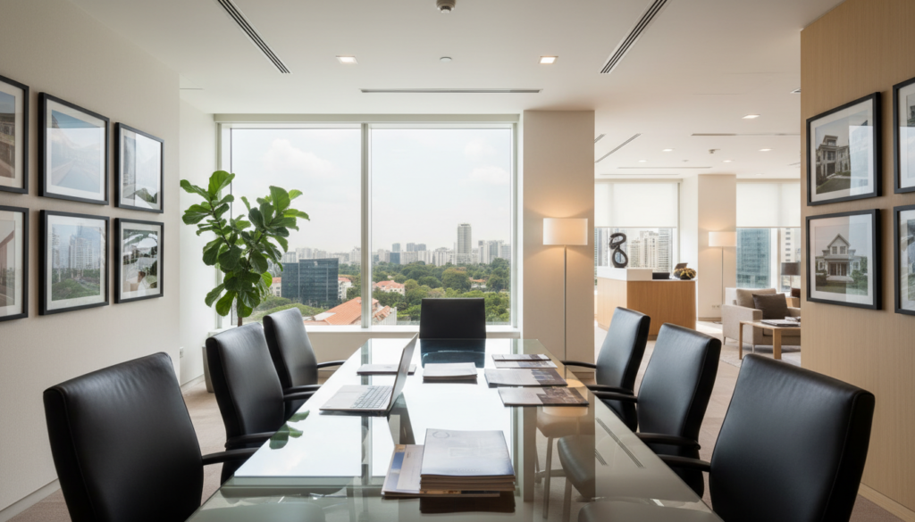 A photorealistic depiction of a modern real estate office interior, showcasing a professional meeting space. In the foreground, a sleek glass conference table, surrounded by high-backed leather chairs, with a laptop and real estate documents neatly arranged. In the middle ground, a large window floods the room with natural light, revealing a stunning city skyline, symbolizing growth and investment. The walls are adorned with framed photographs of luxury properties, while a plant adds a touch of greenery. The background features a sophisticated reception area with tasteful decor, creating a welcoming atmosphere. Soft ambient lighting enhances the professional mood, capturing the essence of real estate transactions and the significance of capital gains considerations in Singapore.