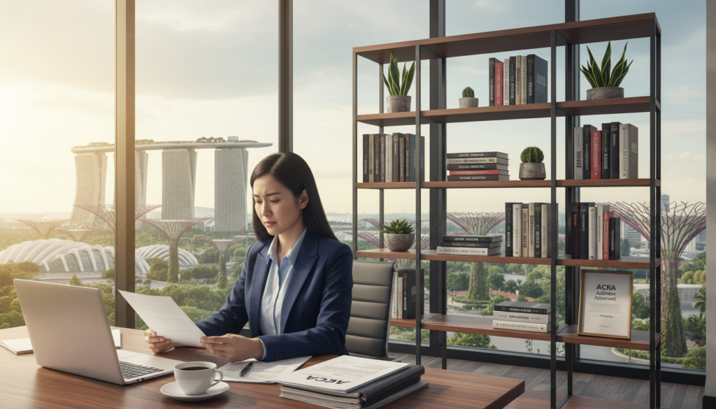 A photorealistic depiction of a modern virtual office space in Singapore, featuring an elegant desk with a laptop, business documents, and a cup of coffee. In the foreground, a professional woman in business attire is reviewing paperwork, looking focused and engaged. The middle ground shows a stylish bookshelf filled with business books and plants, adding a touch of greenery. In the background, large windows offer a panoramic view of Singapore's iconic skyline, including the Marina Bay Sands and the Supertree Grove. Bright, natural sunlight floods the room, creating a warm and productive atmosphere. Capture a sense of professionalism and efficiency, reflecting the theme of obtaining address approval for ACRA registration.