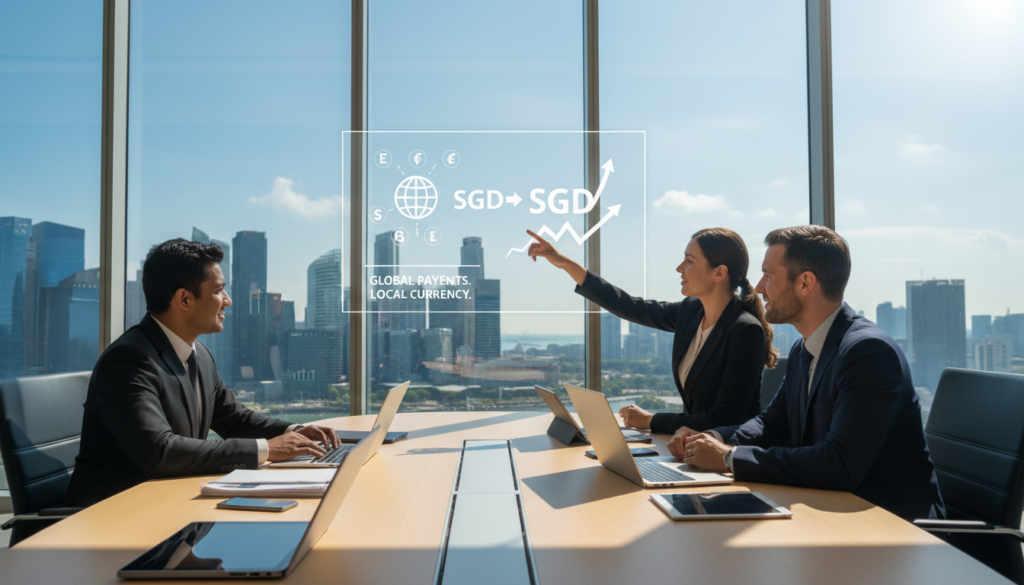 A photorealistic depiction of a professional setting in Singapore, illustrating the concept of receiving international payments in SGD. In the foreground, a diverse group of three business professionals, dressed in smart business attire, are engaged around a modern conference table filled with digital devices like laptops and smartphones. In the middle, a large screen displays an animated graph showcasing payment flow, with Singapore’s skyline visible through a glass wall in the background, symbolizing a global business hub. The lighting is bright and natural, streaming in from the windows, creating a warm and inviting atmosphere. An air of focus and collaboration permeates the scene, reflecting the smooth and secure process of international payments. Aim for a dynamic and engaging composition that emphasizes professionalism.