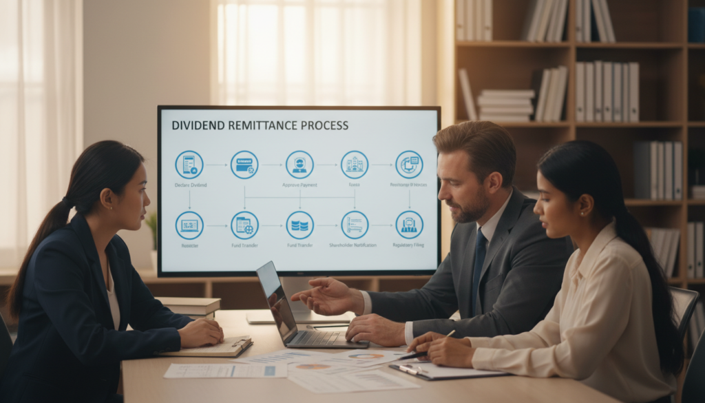 A photorealistic depiction of a step-by-step dividend remittance process, showcasing a well-organized office environment. In the foreground, a diverse group of three professionals in business attire—one Asian woman, one Caucasian man, and one Indian woman—are engaged in discussion over financial documents and a laptop. In the middle, a large screen displays a flowchart illustrating the dividend remittance steps, with clear icons and pathways. The background features shelves filled with financial books and a large window letting in natural light, casting soft daylight across the scene. Capture a focused and collaborative atmosphere, emphasizing clarity and professionalism in the dividend remittance process. Use a 35mm lens with soft depth of field to keep the focus on the team while slightly blurring the background for context. A photorealistic depiction of a step-by-step dividend remittance process, showcasing a well-organized office environment. In the foreground, a diverse group of three professionals in business attire—one Asian woman, one Caucasian man, and one Indian woman—are engaged in discussion over financial documents and a laptop. In the middle, a large screen displays a flowchart illustrating the dividend remittance steps, with clear icons and pathways. The background features shelves filled with financial books and a large window letting in natural light, casting soft daylight across the scene. Capture a focused and collaborative atmosphere, emphasizing clarity and professionalism in the dividend remittance process. Use a 35mm lens with soft depth of field to keep the focus on the team while slightly blurring the background for context.