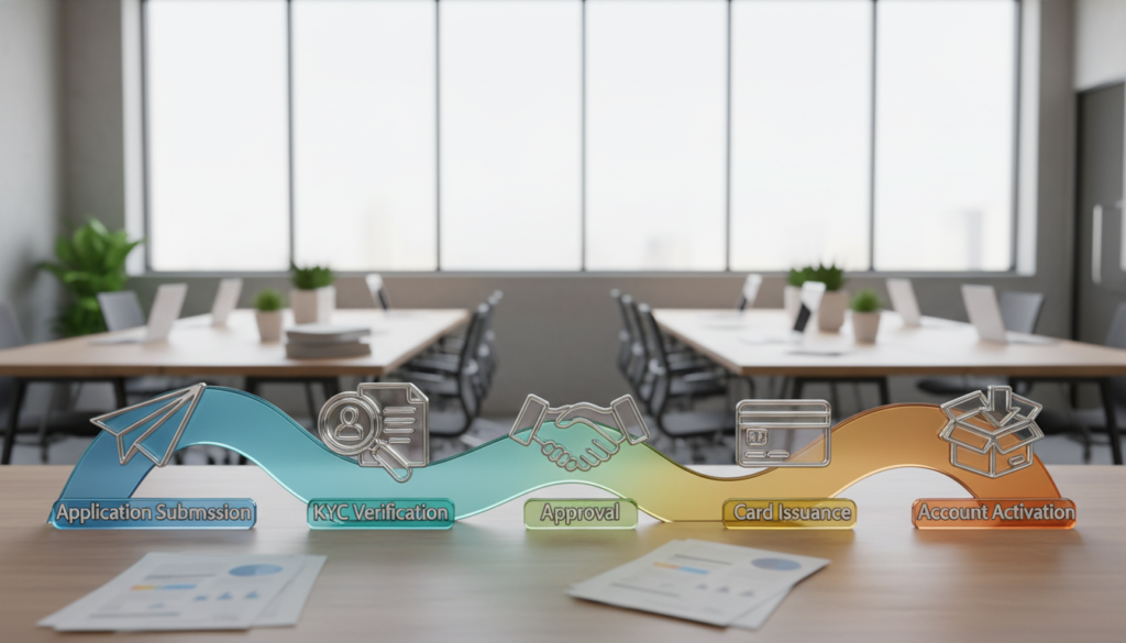 A photorealistic depiction of an account opening timeline, showcasing a visually engaging flowchart-style layout. In the foreground, detailed icons represent each milestone, such as application submission, KYC verification, and account activation. In the middle, a smooth gradient of colors transitions between key steps, highlighting the progression. The background features a modern office environment with soft, natural lighting coming from large windows, creating an inviting atmosphere. Empty desks with laptops and paperwork suggest a busy yet organized workspace. The overall mood is professional and forward-looking, conveying the efficiency and importance of timely operations in the business banking realm. No text, logos, or identifying marks are included. A photorealistic depiction of an account opening timeline, showcasing a visually engaging flowchart-style layout. In the foreground, detailed icons represent each milestone, such as application submission, KYC verification, and account activation. In the middle, a smooth gradient of colors transitions between key steps, highlighting the progression. The background features a modern office environment with soft, natural lighting coming from large windows, creating an inviting atmosphere. Empty desks with laptops and paperwork suggest a busy yet organized workspace. The overall mood is professional and forward-looking, conveying the efficiency and importance of timely operations in the business banking realm. No text, logos, or identifying marks are included.