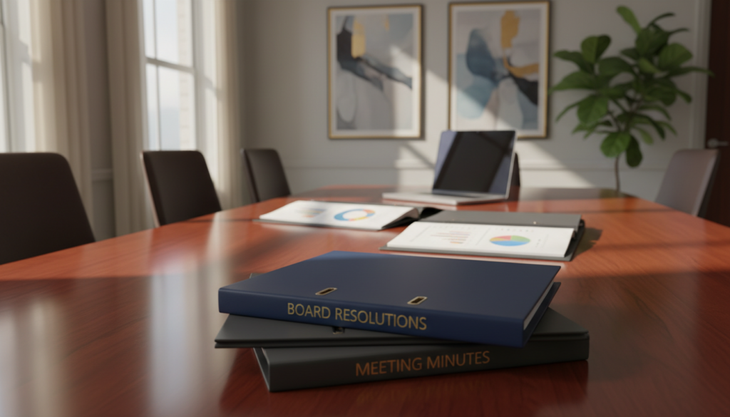 A photorealistic depiction of an elegant boardroom setting, showcasing key company documents. In the foreground, neatly stacked folders labeled with titles such as "Board Resolutions" and "Meeting Minutes," resting on a polished mahogany table. Soft natural light streams through large windows, casting gentle shadows and creating a warm atmosphere. In the middle ground, a display of assorted corporate documents, some partially opened, revealing charts and graphs, emphasizing important company decisions. In the background, tasteful artwork adorns the walls, establishing a professional ambiance. A sleek laptop is positioned on the table, giving a modern touch, while a potted plant adds a hint of greenery, harmonizing the workspace. Overall, the image reflects a sense of professionalism and organized corporate governance. A photorealistic depiction of an elegant boardroom setting, showcasing key company documents. In the foreground, neatly stacked folders labeled with titles such as "Board Resolutions" and "Meeting Minutes," resting on a polished mahogany table. Soft natural light streams through large windows, casting gentle shadows and creating a warm atmosphere. In the middle ground, a display of assorted corporate documents, some partially opened, revealing charts and graphs, emphasizing important company decisions. In the background, tasteful artwork adorns the walls, establishing a professional ambiance. A sleek laptop is positioned on the table, giving a modern touch, while a potted plant adds a hint of greenery, harmonizing the workspace. Overall, the image reflects a sense of professionalism and organized corporate governance.