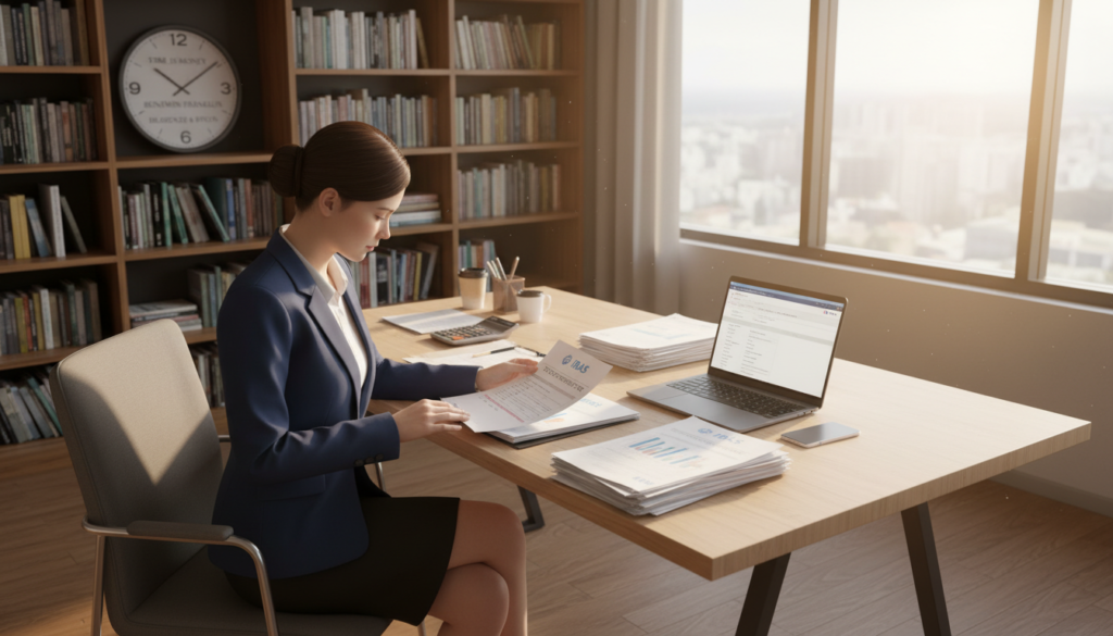 A photorealistic depiction of an elegant office environment with a professional woman dressed in business attire, reviewing documents related to tax compliance. In the foreground, she is seated at a modern desk, surrounded by neatly arranged stacks of paperwork, a calculator, and a laptop displaying tax forms. In the middle, a large window lets in warm natural light, casting a soft glow on the polished wooden surfaces. The background features shelves filled with financial books and an inspirational wall clock, emphasizing a sense of diligence and focus. The atmosphere is calm and serious, reflecting the importance of paying taxes and staying compliant with the Inland Revenue Authority of Singapore (IRAS). Angle the perspective slightly from above to capture the details at the desk level while showcasing the entire scene.