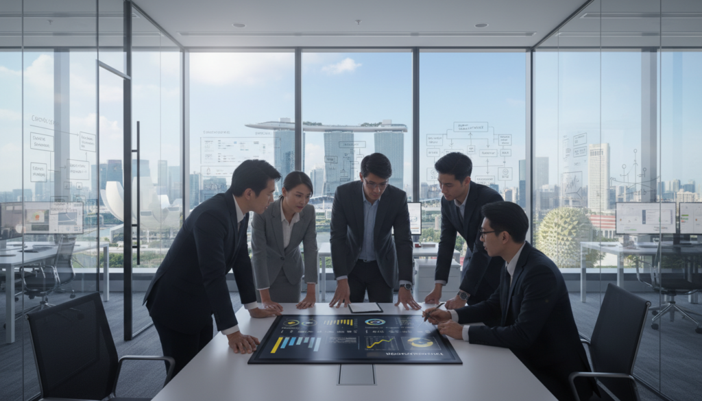 A photorealistic depiction of an end-to-end compliance workflow in a modern office setting. In the foreground, a diverse team of professionals in business attire are engaged in a collaborative discussion over a large digital tablet displaying compliance graphs and regulations. The middle ground showcases a sleek, contemporary office with transparent glass walls adorned with compliance charts and documents. In the background, a large window reveals a cityscape of Singapore with iconic skyscrapers under clear blue skies. Soft, natural lighting pours in, creating a bright and focused atmosphere, while subtle reflections of the cityscape dance on the glass surfaces. The mood is productive and efficient, emphasizing the seamless integration of automated compliance tools into business workflows.