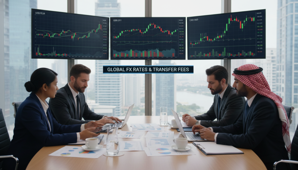 A photorealistic depiction of an international business meeting focused on foreign exchange management. In the foreground, a diverse group of four professionals in smart business attire, including a South Asian woman, a Caucasian man, and two Middle Eastern colleagues, are engaged in discussion around a polished conference table covered in financial reports and currency charts. The middle ground features multiple digital screens displaying fluctuating exchange rates and world currencies, creating a dynamic atmosphere. The background has large windows with a city skyline, suggesting a global business hub. The lighting is bright and natural, providing a professional and focused ambiance while reflecting the urgency and complexity of managing foreign exchange and transfer fees.