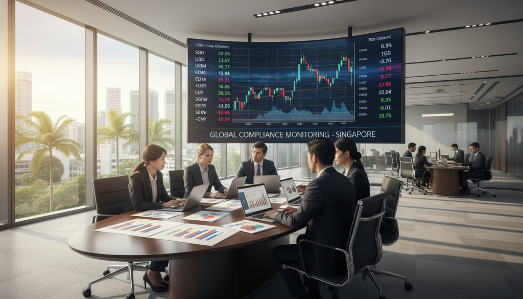 A photorealistic depiction of funds movement in a modern banking environment. In the foreground, a diverse group of professionals in business attire is discussing financial strategies around a sleek conference table filled with laptops, documents, and financial graphs. In the middle ground, a large digital screen displays real-time currency exchange rates and charts, highlighting the dynamic nature of forex movements. The background features a stylish bank office with large windows allowing natural light to flood the space, creating an energetic and professional atmosphere. The overall mood conveys a sense of urgency and sophistication, capturing the complexities of compliance considerations in Singapore’s banking sector. Ensure the lighting is bright and inviting, emphasizing the professionalism of the scene. A photorealistic depiction of funds movement in a modern banking environment. In the foreground, a diverse group of professionals in business attire is discussing financial strategies around a sleek conference table filled with laptops, documents, and financial graphs. In the middle ground, a large digital screen displays real-time currency exchange rates and charts, highlighting the dynamic nature of forex movements. The background features a stylish bank office with large windows allowing natural light to flood the space, creating an energetic and professional atmosphere. The overall mood conveys a sense of urgency and sophistication, capturing the complexities of compliance considerations in Singapore’s banking sector. Ensure the lighting is bright and inviting, emphasizing the professionalism of the scene.