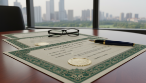 A photorealistic depiction of several elegant share certificates laid out on a polished wooden desk. The foreground features a close-up view of the certificates, showcasing intricate designs, official seals, and ornate borders, with rich colors including deep greens and golds. In the middle, a pair of black-framed glasses and a stylish fountain pen rest across one certificate, hinting at an ongoing administrative task. In the background, a softly blurred scene of a modern office window allows warm, natural light to filter in, creating a productive atmosphere. The overall mood is professional and inviting, capturing the importance of issuing share certificates and confirming shareholding details in a corporate setting.