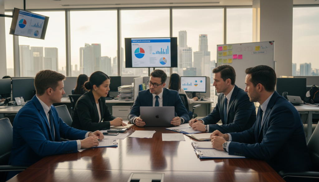 A photorealistic depiction of the GST audit process in Singapore, showcasing a professional business environment. In the foreground, a diverse group of auditors in professional attire is engaged in discussions, examining documents and financial records at a sleek conference table. The middle ground features a modern office setup, with notes and laptops displaying charts and graphs relevant to a GST audit. In the background, large windows reveal the Singapore skyline, bathed in natural light, creating an atmosphere of transparency and trust. The mood is focused and serious, emphasizing the importance of compliance and thoroughness in the audit process. The scene is captured from a slightly elevated angle, enhancing the visual depth and engagement of the viewer.