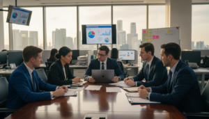 A photorealistic depiction of the GST audit process in Singapore, showcasing a professional business environment. In the foreground, a diverse group of auditors in professional attire is engaged in discussions, examining documents and financial records at a sleek conference table. The middle ground features a modern office setup, with notes and laptops displaying charts and graphs relevant to a GST audit. In the background, large windows reveal the Singapore skyline, bathed in natural light, creating an atmosphere of transparency and trust. The mood is focused and serious, emphasizing the importance of compliance and thoroughness in the audit process. The scene is captured from a slightly elevated angle, enhancing the visual depth and engagement of the viewer.