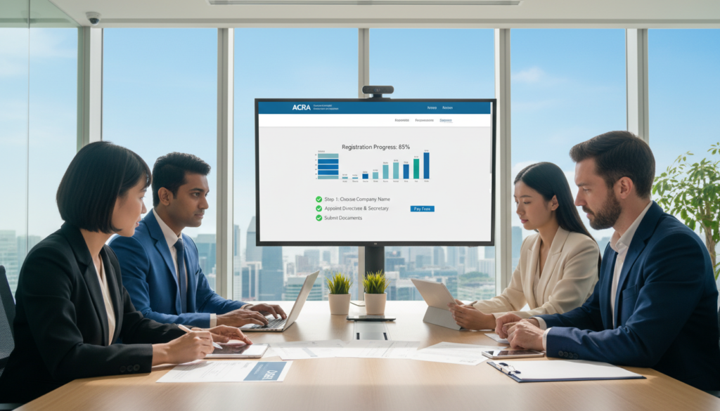 A photorealistic depiction of the company incorporation process in Singapore, focusing on a professional workspace. In the foreground, a diverse group of business professionals in smart business attire are engaged in a discussion around a conference table covered with documents and forms required for ACRA registration. The middle ground features a large computer screen displaying the ACRA website, with graphs and registration steps visible. In the background, a well-organized office environment with a city skyline visible through a large window, under a bright, natural daylight. The atmosphere is productive and collaborative, conveying diligence and focus on the registration process, showcasing the important steps an entrepreneur takes to establish a business in Singapore. A photorealistic depiction of the company incorporation process in Singapore, focusing on a professional workspace. In the foreground, a diverse group of business professionals in smart business attire are engaged in a discussion around a conference table covered with documents and forms required for ACRA registration. The middle ground features a large computer screen displaying the ACRA website, with graphs and registration steps visible. In the background, a well-organized office environment with a city skyline visible through a large window, under a bright, natural daylight. The atmosphere is productive and collaborative, conveying diligence and focus on the registration process, showcasing the important steps an entrepreneur takes to establish a business in Singapore.