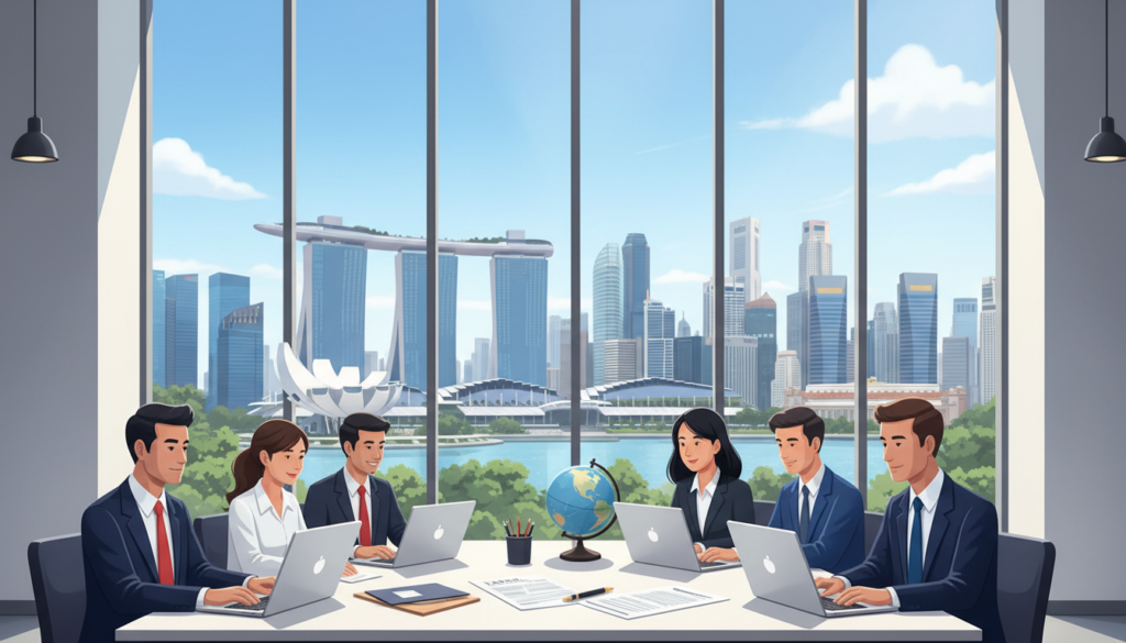 A photorealistic illustration depicting Singapore's territorial tax system for remote work arrangements. In the foreground, a diverse group of remote workers of different ethnicities, dressed in professional business attire, are engaged in a video conference on sleek laptops, set in a modern, open office space with views of iconic Singapore skyscrapers. In the middle, a well-organized desk with tax documents, a globe, and financial tools signifies the focus on tax obligations. The background features the vibrant skyline of Singapore, showcasing landmarks like the Marina Bay Sands and Gardens by the Bay, under a bright blue sky. Soft, natural lighting streams through large windows, creating a warm and productive atmosphere, emphasizing professionalism and collaboration in a global work environment.