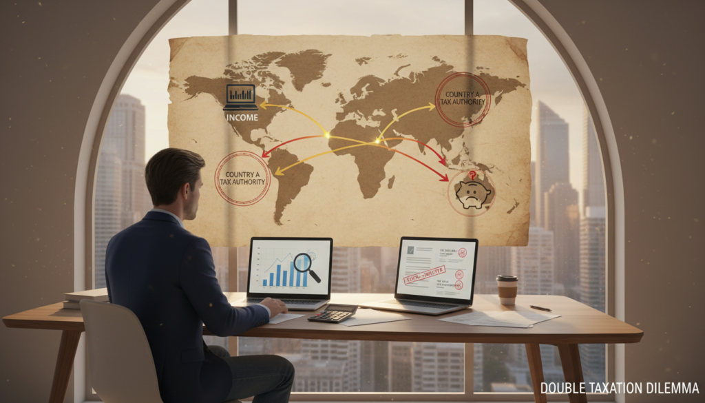 A photorealistic illustration depicting the concept of double taxation in a remote work scenario. In the foreground, a professional business person in smart casual attire sits at a modern desk, surrounded by two laptops displaying financial charts and tax documents. In the middle ground, a world map is prominently featured, with arrows indicating the flow of money across different countries. In the background, a city skyline is visible through a large window, suggesting a global business perspective. Soft, natural lighting filters in, creating a calm yet focused atmosphere, emphasizing the complexity and challenges of navigating international tax obligations. The scene captures the essence of remote work and the intricate nature of double taxation.