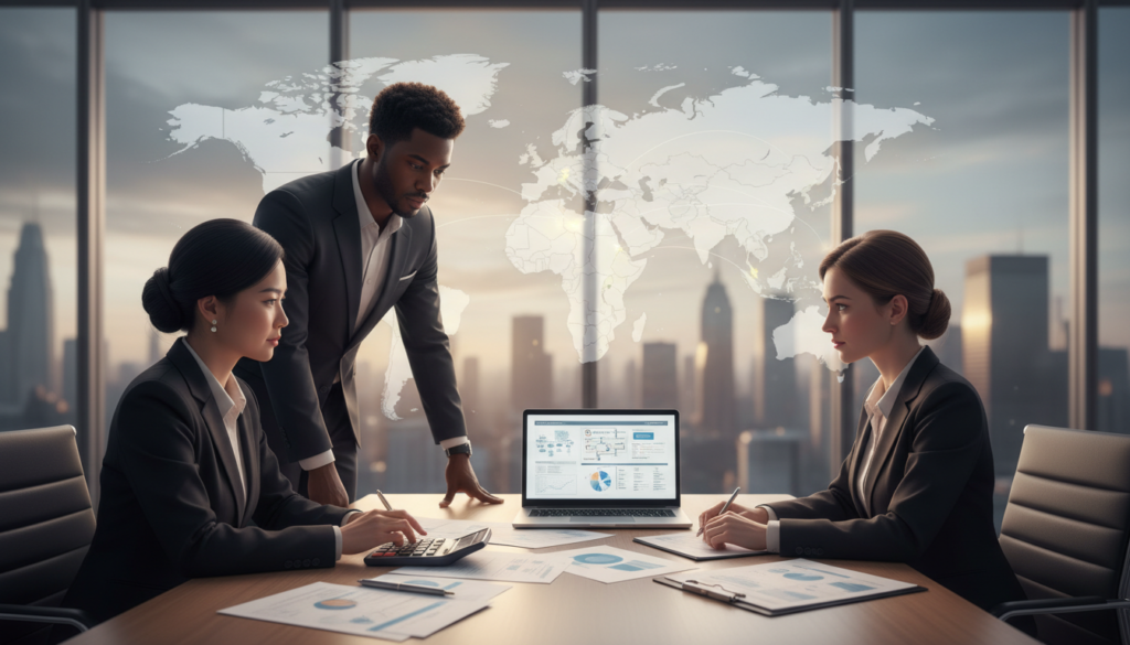 A photorealistic illustration depicting the concept of double taxation relief. In the foreground, a diverse group of professionals in business attire—an Asian woman, a Black man, and a Caucasian woman—collaborate around a sleek conference table filled with documents, calculator, and a laptop displaying global tax strategies. In the middle ground, a large world map shows highlighted countries symbolizing foreign income sources. In the background, a modern office space with large windows reveals a city skyline, suggesting global finance. Soft, natural light streams in, creating a warm, inviting atmosphere. The scene conveys teamwork and clarity in financial planning, emphasizing the importance of understanding international tax laws without any distractions or text overlays.