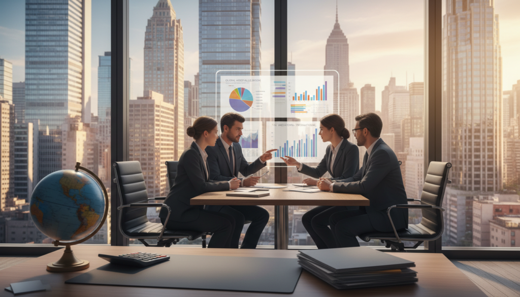 A photorealistic illustration depicting the concept of foreign assets. In the foreground, an elegantly designed office desk with financial documents, a globe, and a calculator, symbolizing international investments. The middle ground features a diverse group of professional business people in business attire, engaging in discussion, analyzing charts that depict asset allocations and tax implications. In the background, large windows showcase a modern city skyline, representing economic growth and global markets. The lighting is bright and warm, creating a productive atmosphere, with soft shadows adding depth. The angle is slightly elevated, allowing a comprehensive view of the scene, emphasizing both collaboration and professionalism in financial management.