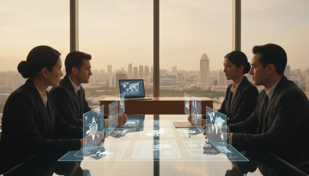 A photorealistic illustration depicting the concept of intellectual property in a modern office setting. In the foreground, a diverse group of professionals, dressed in smart business attire, is engaged in a discussion around a large, transparent table filled with digital documents and diagrams representing patent designs, trademarks, and copyright symbols. In the middle ground, a sleek laptop displays graphs of financial assets, with one screen showing a world map highlighted with arrows indicating foreign investments. The background features a panoramic window overlooking the Singapore skyline, bathed in warm, natural light, creating an optimistic atmosphere. Use a shallow depth of field to softly blur the background, emphasizing the professionals’ engaged expressions and the clarity of the documents on the table.