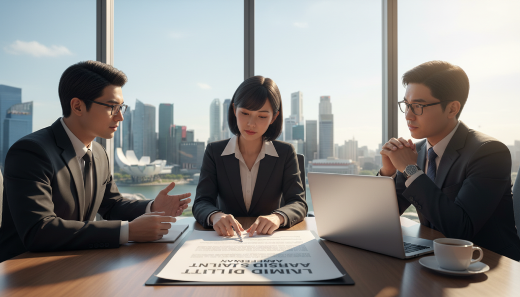A photorealistic illustration depicting the concept of "limited liability" in a business context. In the foreground, a diverse group of three professionals, two men and one woman, all dressed in smart business attire, are engaged in a discussion. Their expressions convey focus and collaboration. In the middle ground, a large document labeled "Limited Liability Agreement" is prominently displayed on a polished conference table, with a sleek laptop and a coffee cup beside it. In the background, through a large glass window, a modern city skyline of Singapore is visible under bright daylight, symbolizing growth and entrepreneurship. Soft natural light fills the room, casting gentle shadows, creating a professional and optimistic atmosphere. The angle should be slightly above eye level, giving a clear view of the document and the professionals.