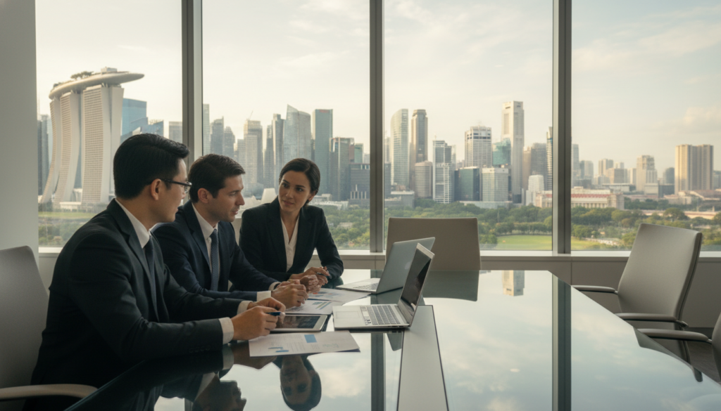 A photorealistic illustration of a professional business meeting in an upscale office setting, symbolizing “limited liability.” In the foreground, a diverse group of three individuals in smart business attire, engaged in discussion, with documents and a laptop in front of them. The middle scene showcases a large glass conference table surrounded by modern office furniture, with a large window offering a panoramic view of Singapore's skyline bathed in warm, natural light. The background features cityscape elements like skyscrapers and greenery, suggesting a thriving business environment. The atmosphere conveys a sense of collaboration, security, and professionalism, highlighting the importance of sound business structures in a contemporary context. The scene is shot from a slightly elevated angle, emphasizing the dynamic between people and their environment.