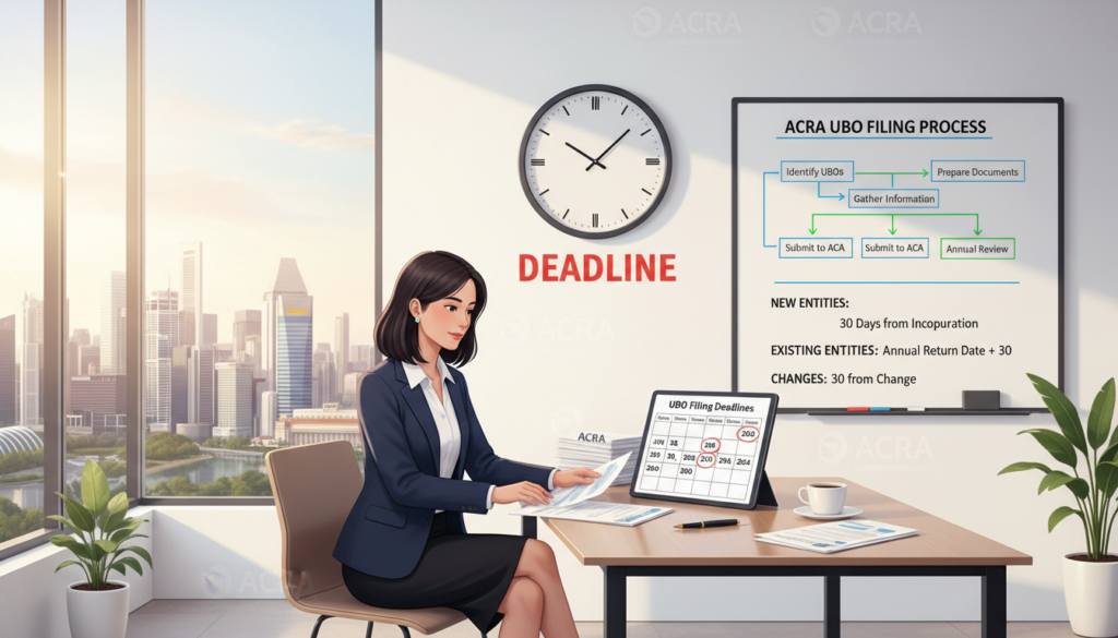 A photorealistic illustration of an office environment depicting the ACRA filing timelines for UBO information. In the foreground, a professional woman in smart business attire reviews documents on a sleek desk, surrounded by paperwork and a digital calendar displaying key filing dates. The middle ground features a large wall clock emphasizing the urgency of deadlines, alongside a flowchart on a whiteboard illustrating the filing process and timelines. In the background, through a window, the Singapore skyline is visible under soft morning light, creating an optimistic atmosphere. The office is well-lit and modern, with an air of professionalism and focus on compliance and organization.