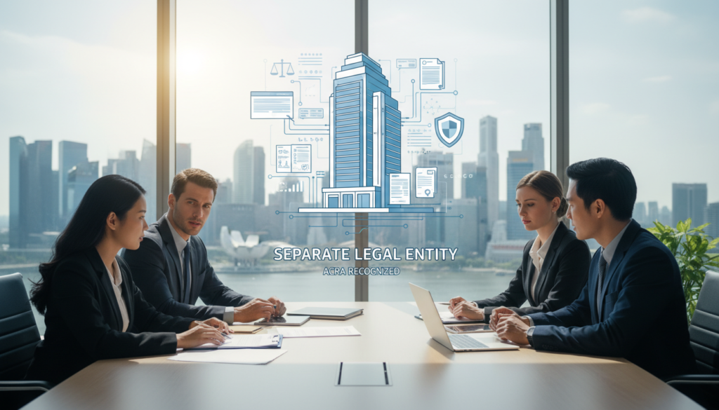A photorealistic illustration showcasing the concept of a "separate legal entity" in a business context. In the foreground, a diverse group of four professionals in smart business attire, two men and two women, are engaged in a discussion around a conference table, with documents and a laptop open in front of them. The middle ground features a large transparency of a corporate building and an abstract representation of legal documents symbolizing incorporation and liability. In the background, a city skyline subtly reflects Singapore's modern architecture under bright, natural daylight. The mood is serious yet collaborative, conveying a sense of professionalism and clarity, capturing the essence of business entity types recognized by ACRA. Consider a wide angle to emphasize the environment and the interaction among the individuals.