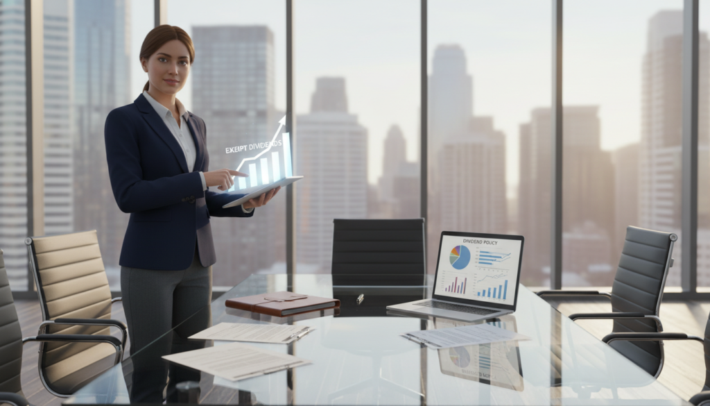A photorealistic illustration showcasing the concept of "dividend exemption" in a corporate finance environment. In the foreground, a confident businesswoman in professional attire holds a financial report, pointing to a graph highlighting dividend trends. The middle ground features a sleek glass conference table where several documents and a laptop display financial charts. In the background, large windows reveal a city skyline, symbolizing an urban corporate setting. Soft, natural light filters through the windows, creating a bright and optimistic atmosphere. The scene conveys a sense of professionalism, clarity, and focus on financial growth, capturing the essence of strategic business considerations related to dividends.