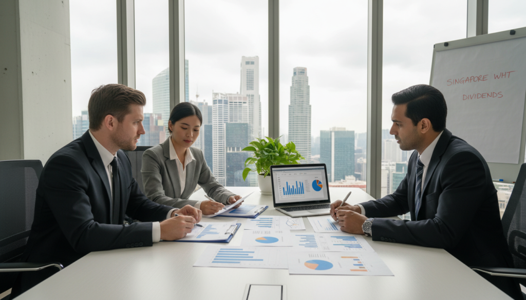 A photorealistic image depicting a business meeting focused on withholding tax on dividends, set in a modern, well-lit conference room. In the foreground, a diverse group of three professionals in business attire - a Caucasian male, an Asian female, and a Middle-Eastern male - are engaged in a discussion, analyzing documents related to dividend taxation. The middle ground features a large table with financial reports, charts, and a laptop displaying spreadsheets. In the background, a glass wall overlooks a city skyline, suggesting a vibrant corporate environment. Soft natural light filters in through the windows, creating a professional yet approachable atmosphere, ideal for understanding the complexities of tax regulations in Singapore. A photorealistic image depicting a business meeting focused on withholding tax on dividends, set in a modern, well-lit conference room. In the foreground, a diverse group of three professionals in business attire - a Caucasian male, an Asian female, and a Middle-Eastern male - are engaged in a discussion, analyzing documents related to dividend taxation. The middle ground features a large table with financial reports, charts, and a laptop displaying spreadsheets. In the background, a glass wall overlooks a city skyline, suggesting a vibrant corporate environment. Soft natural light filters in through the windows, creating a professional yet approachable atmosphere, ideal for understanding the complexities of tax regulations in Singapore.
