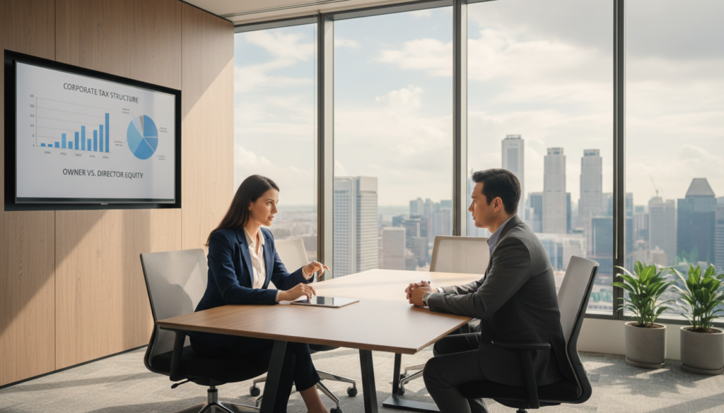 A photorealistic image depicting a business scenario illustrating the distinction between a director and an owner within a Singapore company. In the foreground, a confident woman in professional business attire sits at a sleek wooden conference table, engaged in discussion with a man in a tailored suit. They both have a focused expression, representing the director and owner roles respectively. The middle ground features a modern office environment with glass windows showing Singapore’s skyline, symbolizing the dynamic business landscape. Soft, natural lighting filters through the windows, creating a warm atmosphere. In the background, a large digital screen displays pie charts and graphs related to tax implications. The overall mood is professional and informative, emphasizing the importance of understanding these roles in business.