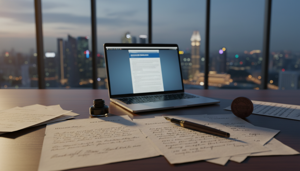 A photorealistic image depicting a close-up of a wooden desk featuring neatly arranged documents symbolizing written shareholder resolutions. In the foreground, there are several sheets of paper with handwritten notes, a fountain pen, and a corporate seal. In the middle, a laptop displays a digital document interface, with a soft glow from the screen illuminating the workspace. The background features a blurred view of a modern office environment with floor-to-ceiling windows showing a bustling Singapore skyline. The lighting is warm and inviting, creating a focused and professional atmosphere, emphasizing the importance of clarity and deliberation in corporate decision-making. The overall mood is serious yet constructive, reflecting a corporate setting.