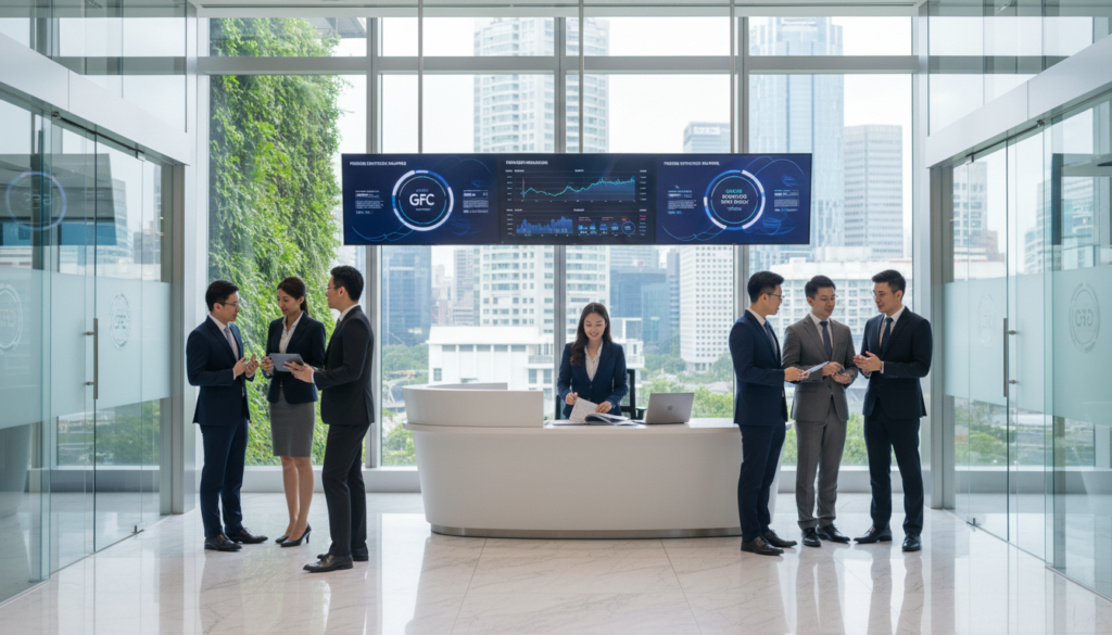 A photorealistic image depicting a corporate banking environment for foreign-owned companies in Singapore. In the foreground, a sleek and modern bank branch interior with polished marble flooring and glass partitions, featuring business professionals in professional attire engaged in conversation. In the middle, a well-organized reception desk with a smiling banker reviewing financial documents, and sleek digital screens displaying banking services. In the background, large windows allow natural light to flood the space, highlighting greenery outside and giving a sense of transparency and professionalism. The atmosphere is calm and sophisticated, with a focus on corporate success and financial security. The angle should be slightly elevated, capturing the depth of the scene while keeping the bank account theme prominent. A photorealistic image depicting a corporate banking environment for foreign-owned companies in Singapore. In the foreground, a sleek and modern bank branch interior with polished marble flooring and glass partitions, featuring business professionals in professional attire engaged in conversation. In the middle, a well-organized reception desk with a smiling banker reviewing financial documents, and sleek digital screens displaying banking services. In the background, large windows allow natural light to flood the space, highlighting greenery outside and giving a sense of transparency and professionalism. The atmosphere is calm and sophisticated, with a focus on corporate success and financial security. The angle should be slightly elevated, capturing the depth of the scene while keeping the bank account theme prominent.