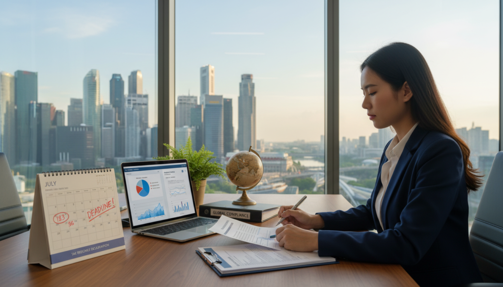 A photorealistic image depicting a corporate office setting focused on tax residency days. In the foreground, a professional woman in business attire is reviewing paperwork, with a calendar marked with important dates and numbers visible. The middle layer features a sleek desk with a laptop displaying financial graphs and tax documents. Potted plants and a globe subtly hint at global connections and remote work. In the background, a large window reveals a city skyline, symbolizing the business environment in Singapore. The room is illuminated by soft, natural light streaming in, creating an atmosphere of professionalism and focus. The overall mood is serious yet engaging, reflecting the complexities of tax regulations for remote business owners.