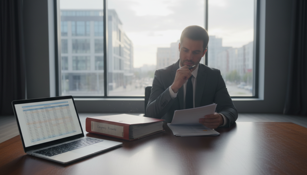 A photorealistic image depicting a dormant company environment. In the foreground, a polished wooden desk with an open laptop displaying financial documents and a closed, dust-covered binder labeled 'Company Records'. In the middle, a professional individual in business attire, reviewing paperwork and looking contemplative, symbolizing the ongoing filing duties. In the background, a large window allowing soft natural light to filter in, casting gentle shadows, with a view of a quiet business district outside. The atmosphere is calm and reflective, embodying the theme of corporate housekeeping and the responsibilities of maintaining a dormant company. Focus on clarity and realism to enhance understanding of the subject matter. A photorealistic image depicting a dormant company environment. In the foreground, a polished wooden desk with an open laptop displaying financial documents and a closed, dust-covered binder labeled 'Company Records'. In the middle, a professional individual in business attire, reviewing paperwork and looking contemplative, symbolizing the ongoing filing duties. In the background, a large window allowing soft natural light to filter in, casting gentle shadows, with a view of a quiet business district outside. The atmosphere is calm and reflective, embodying the theme of corporate housekeeping and the responsibilities of maintaining a dormant company. Focus on clarity and realism to enhance understanding of the subject matter.