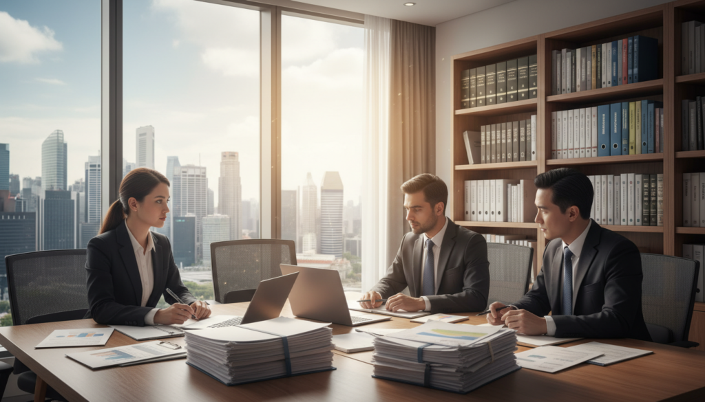 A photorealistic image depicting a modern office environment focused on tax reporting and compliance. In the foreground, a diverse group of three professionals - two men and one woman - dressed in smart business attire and engaged in a discussion around a cluttered conference table filled with tax documents, laptops, and financial reports. In the middle ground, a large window showcases the Singapore skyline, adding a sense of location. The background features a sleek bookshelf with compliance manuals and tax books neatly arranged, symbolizing organization and professionalism. Soft, natural lighting stream through the window, creating an atmosphere of focus and urgency. The overall mood suggests diligence and the importance of careful financial management.