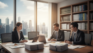 A photorealistic image depicting a modern office environment focused on tax reporting and compliance. In the foreground, a diverse group of three professionals - two men and one woman - dressed in smart business attire and engaged in a discussion around a cluttered conference table filled with tax documents, laptops, and financial reports. In the middle ground, a large window showcases the Singapore skyline, adding a sense of location. The background features a sleek bookshelf with compliance manuals and tax books neatly arranged, symbolizing organization and professionalism. Soft, natural lighting stream through the window, creating an atmosphere of focus and urgency. The overall mood suggests diligence and the importance of careful financial management.