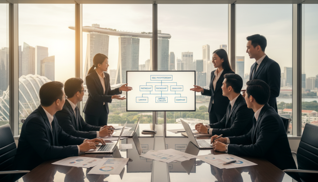 A photorealistic image depicting a modern office environment that showcases various business entity structures. In the foreground, a sleek conference table with business documents, laptops, and a digital display showing organizational charts. The middle ground features a diverse group of professionals in smart business attire engaged in a discussion, highlighting teamwork and collaboration. In the background, large glass windows reveal a panoramic view of Singapore’s skyline, featuring iconic buildings like Marina Bay Sands. The lighting is bright and natural, streaming in through the windows, creating an inspiring atmosphere. The angle captures the dynamic interaction between the team and the backdrop of the city, conveying a sense of professionalism and innovation.