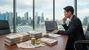 A photorealistic image depicting a modern office setting showcasing multiple currencies in an elegant, organized manner. In the foreground, a sleek wooden desk with neatly stacked banknotes in various currencies (SGD, USD, EUR, JPY) and a few shiny coins. In the middle, a professional businessperson in business attire, reviewing a laptop screen with currency conversion graphs, deep in thought. The background features large windows with a view of Singapore’s iconic skyline, under bright natural lighting creating an optimistic atmosphere. Soft shadows enhance depth, emphasizing the productivity and international focus of the banking experience. The overall mood is professional and welcoming, perfect for foreign entrepreneurs considering banking options in Singapore.
