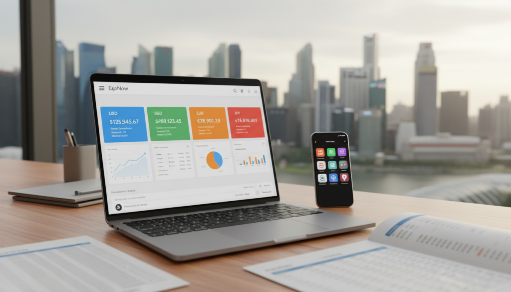 A photorealistic image depicting a multi-currency account dashboard on a sleek, modern laptop. In the foreground, show the laptop with a detailed screen displaying various currency balances, charts, and transaction histories for different currencies like USD, SGD, EUR, andJPY. The middle layer features a stylish office environment with a wooden desk, a smartphone displaying mobile payment apps, and financial reports scattered about. In the background, a blurred view of a bustling city skyline, hinting at Singapore, under soft natural lighting that accentuates the colors of the currencies on the screen. The mood is professional and dynamic, reflecting the innovative spirit of fintech and payment optimization. A photorealistic image depicting a multi-currency account dashboard on a sleek, modern laptop. In the foreground, show the laptop with a detailed screen displaying various currency balances, charts, and transaction histories for different currencies like USD, SGD, EUR, andJPY. The middle layer features a stylish office environment with a wooden desk, a smartphone displaying mobile payment apps, and financial reports scattered about. In the background, a blurred view of a bustling city skyline, hinting at Singapore, under soft natural lighting that accentuates the colors of the currencies on the screen. The mood is professional and dynamic, reflecting the innovative spirit of fintech and payment optimization.