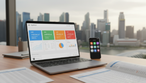 A photorealistic image depicting a multi-currency account dashboard on a sleek, modern laptop. In the foreground, show the laptop with a detailed screen displaying various currency balances, charts, and transaction histories for different currencies like USD, SGD, EUR, andJPY. The middle layer features a stylish office environment with a wooden desk, a smartphone displaying mobile payment apps, and financial reports scattered about. In the background, a blurred view of a bustling city skyline, hinting at Singapore, under soft natural lighting that accentuates the colors of the currencies on the screen. The mood is professional and dynamic, reflecting the innovative spirit of fintech and payment optimization.